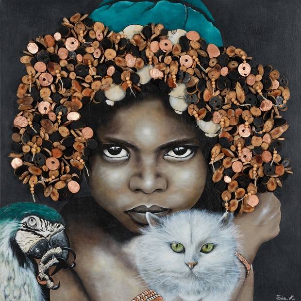 portrait enfant chat et perroquet