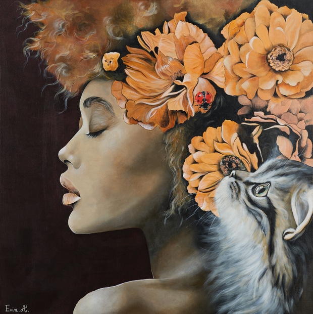 portrait femme profil avec chat et fleurs oranges