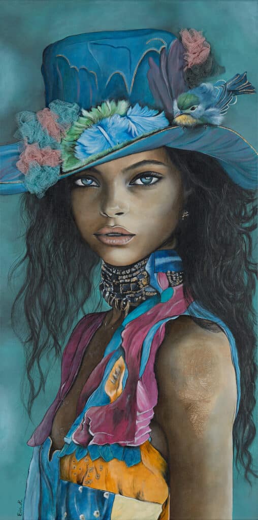 femme avec chapeau et oiseau