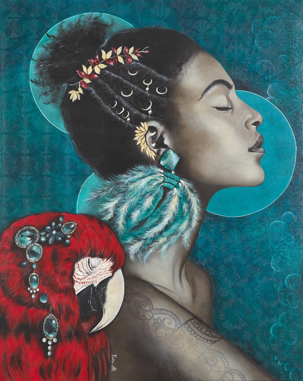 portrait femme profil avec perroquet