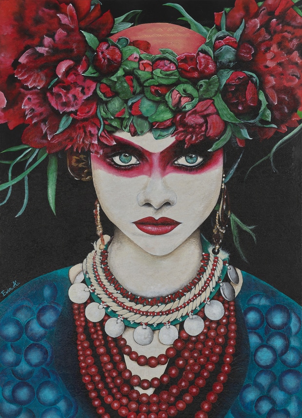 portrait femme couronne fleurs rouge
