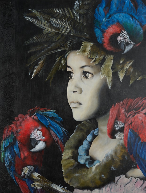 portrait enfant avec perroquets